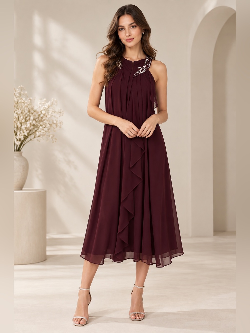 SLNY Burgundy Embellished Chiffon Midi Dress Size 16W NWT